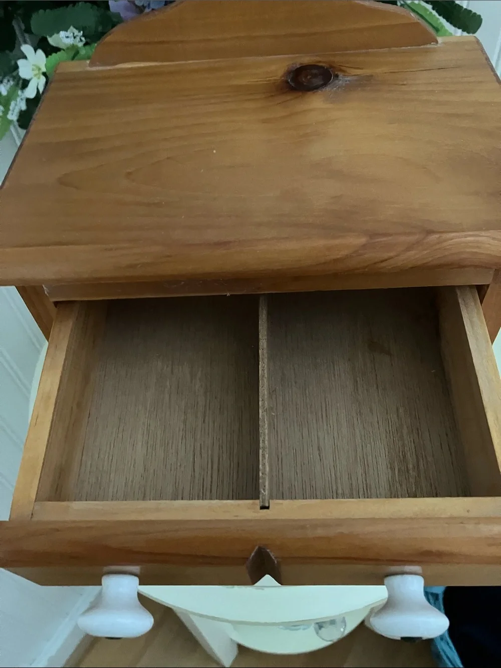Vintage Pine Wood Small Storage Tabletop Cabinet With Porcelain Pulls